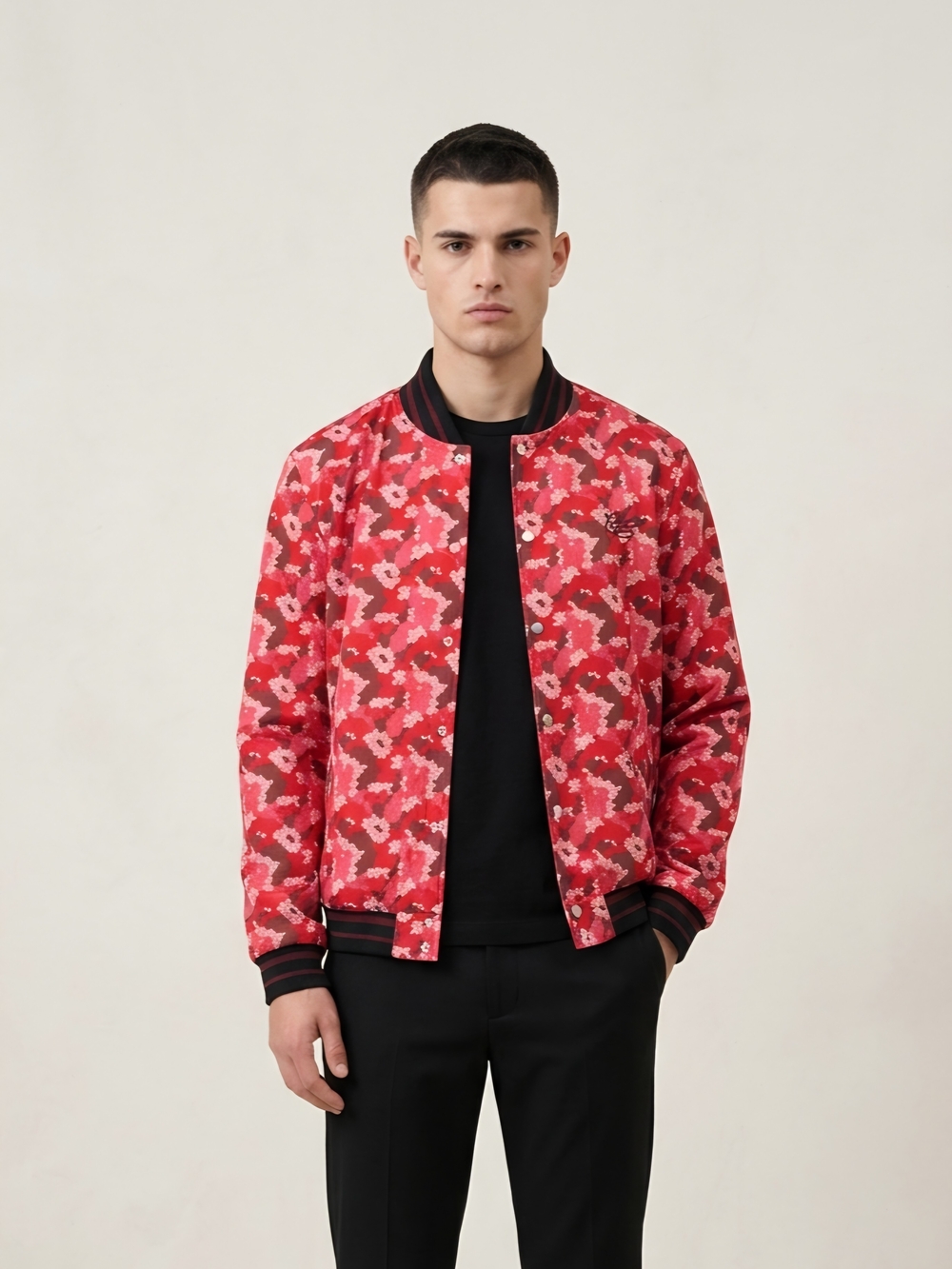 PINK DOLPHIN Men's Pixel Camo Red Bomber Jacket XL snap front Retro Abstract